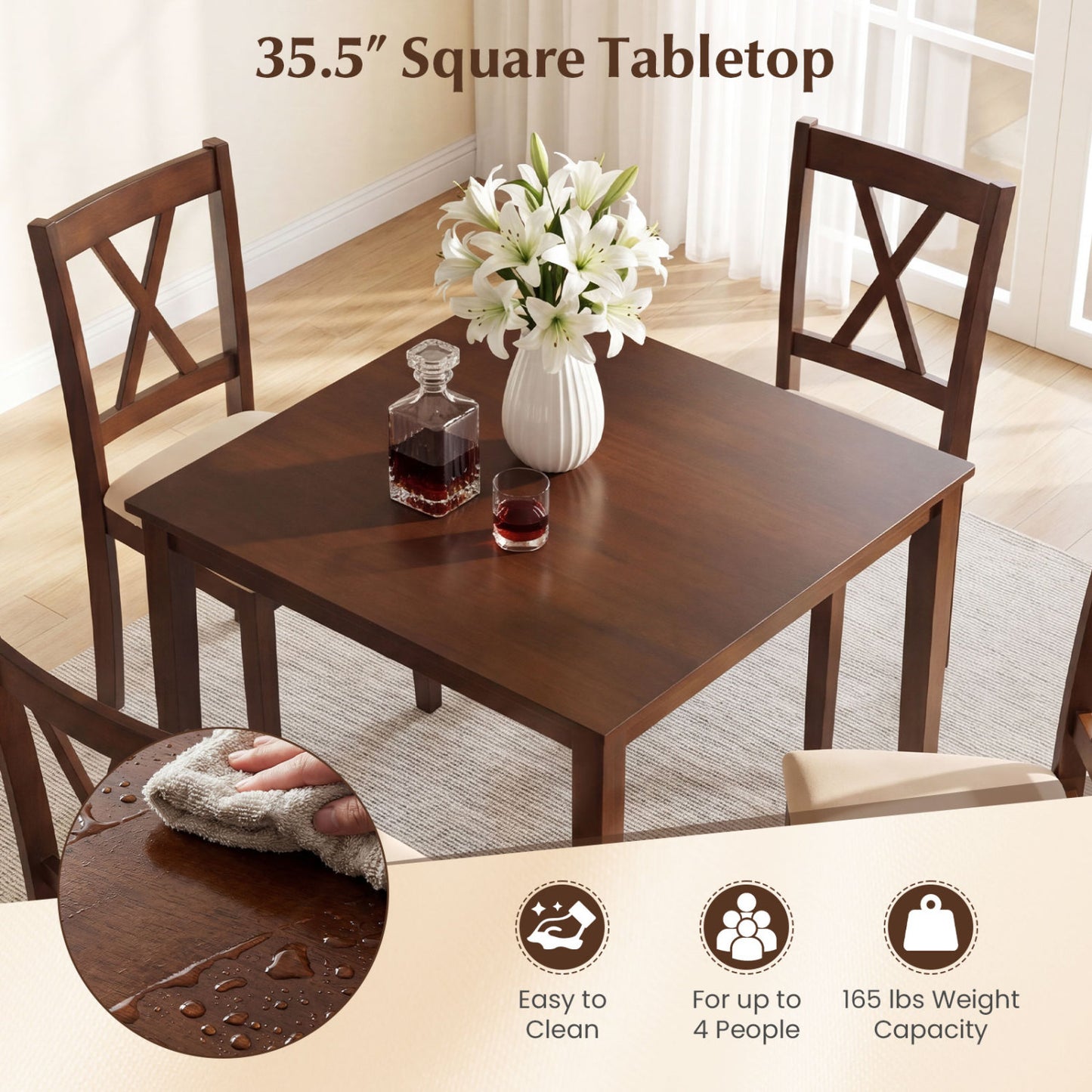 Square Kitchen Table and 4 Armless Chairs Set for 4