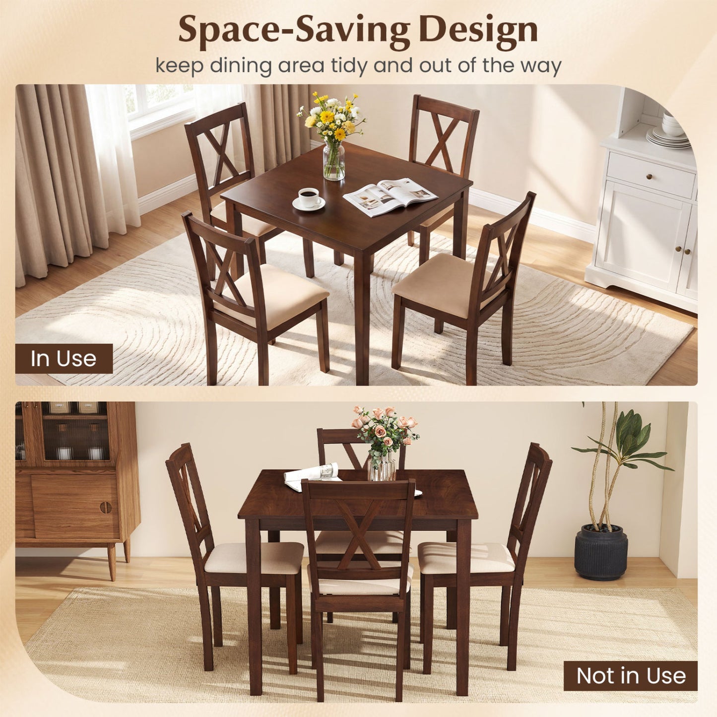 Square Kitchen Table and 4 Armless Chairs Set for 4