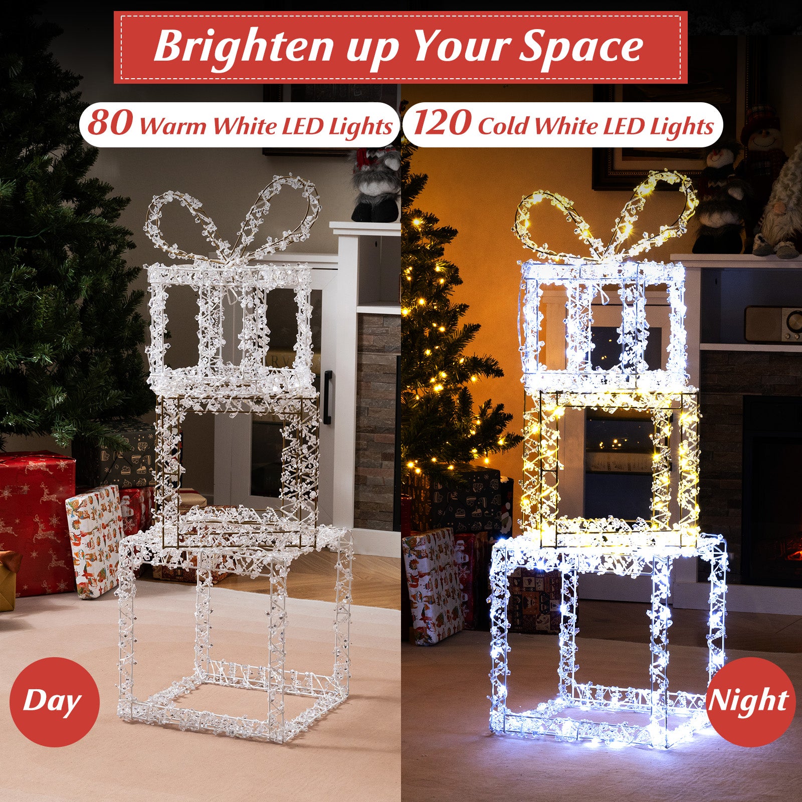Stacked Lighted Gift Boxes Set of 3 Pre-Lit Christmas Present Box Lights
