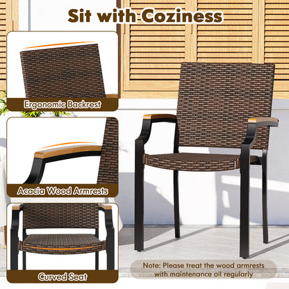 Stacking Wicker Chairs Set of 2 Patio Rattan Dining Chairs with Acacia Wood Armrests