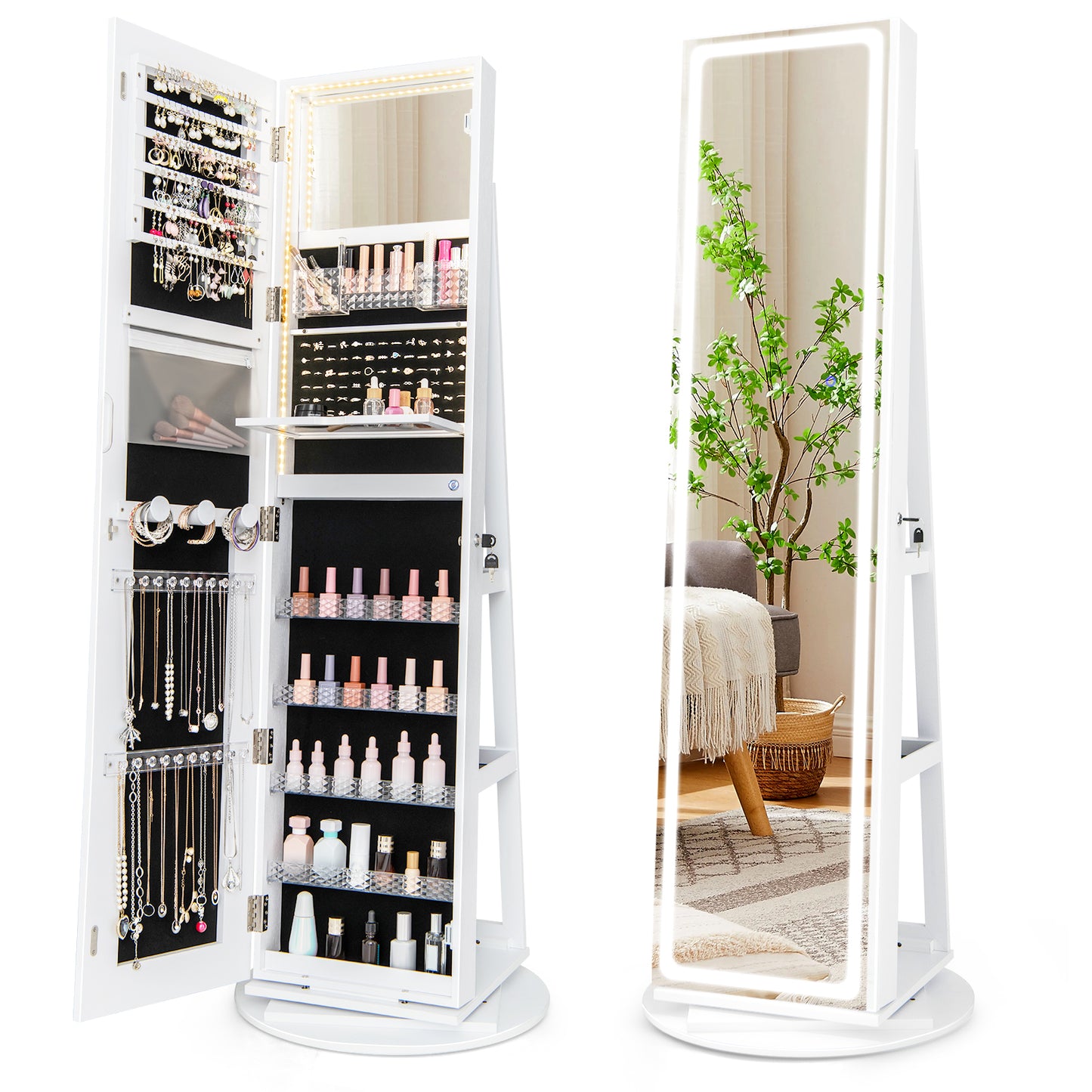 Standing Jewelry Cabinet with Adjustable LED Lights-Coffee - White