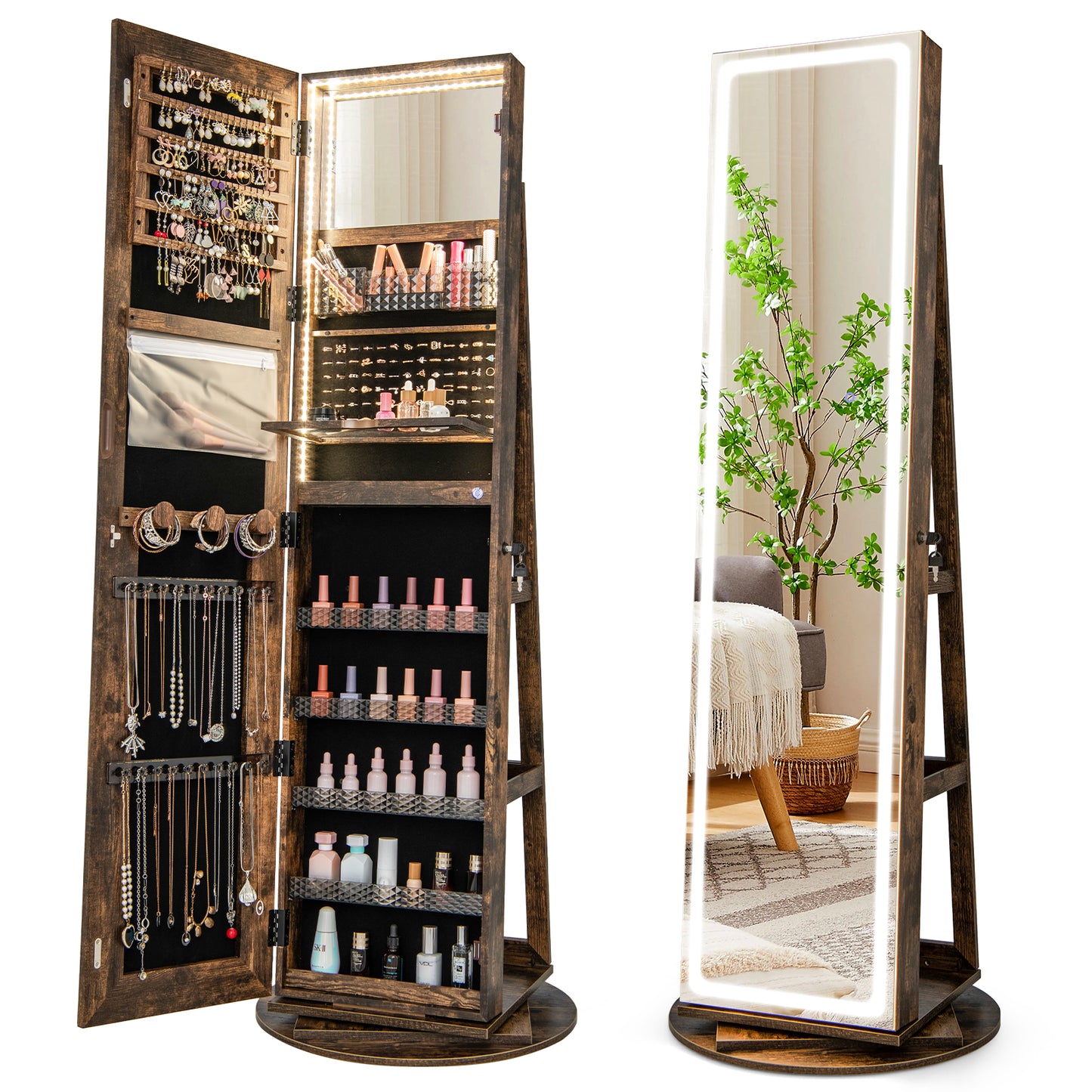 Standing Jewelry Cabinet with Adjustable LED Lights-Coffee - Coffee