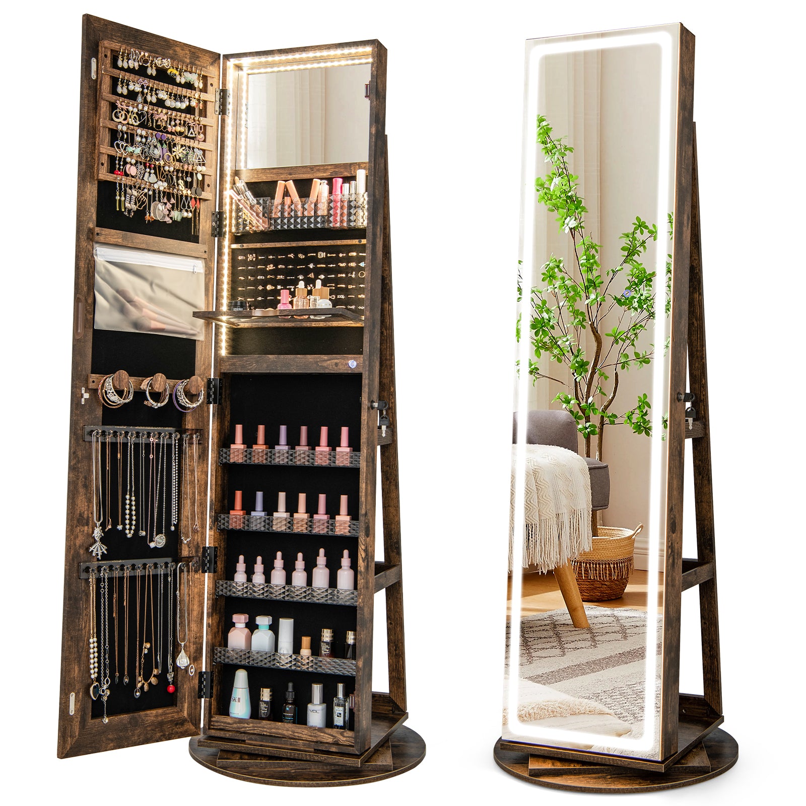 Standing Jewelry Cabinet with Adjustable LED Lights-Coffee - Coffee