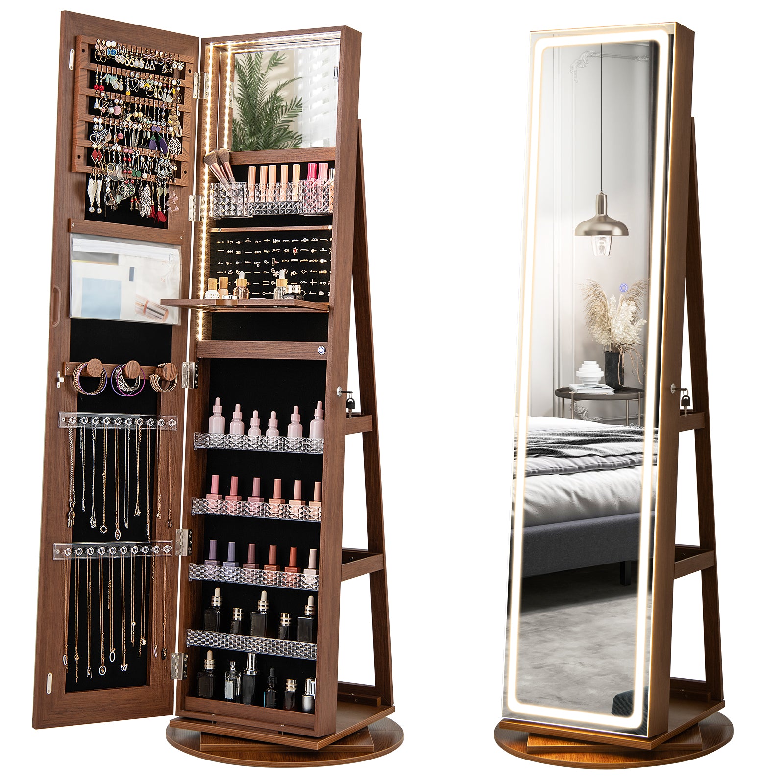 Standing Jewelry Cabinet with Adjustable LED Lights-Coffee - Brown