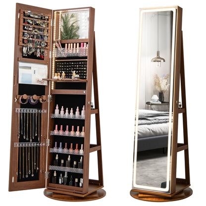 Standing Jewelry Cabinet with Adjustable LED Lights-Coffee - Brown