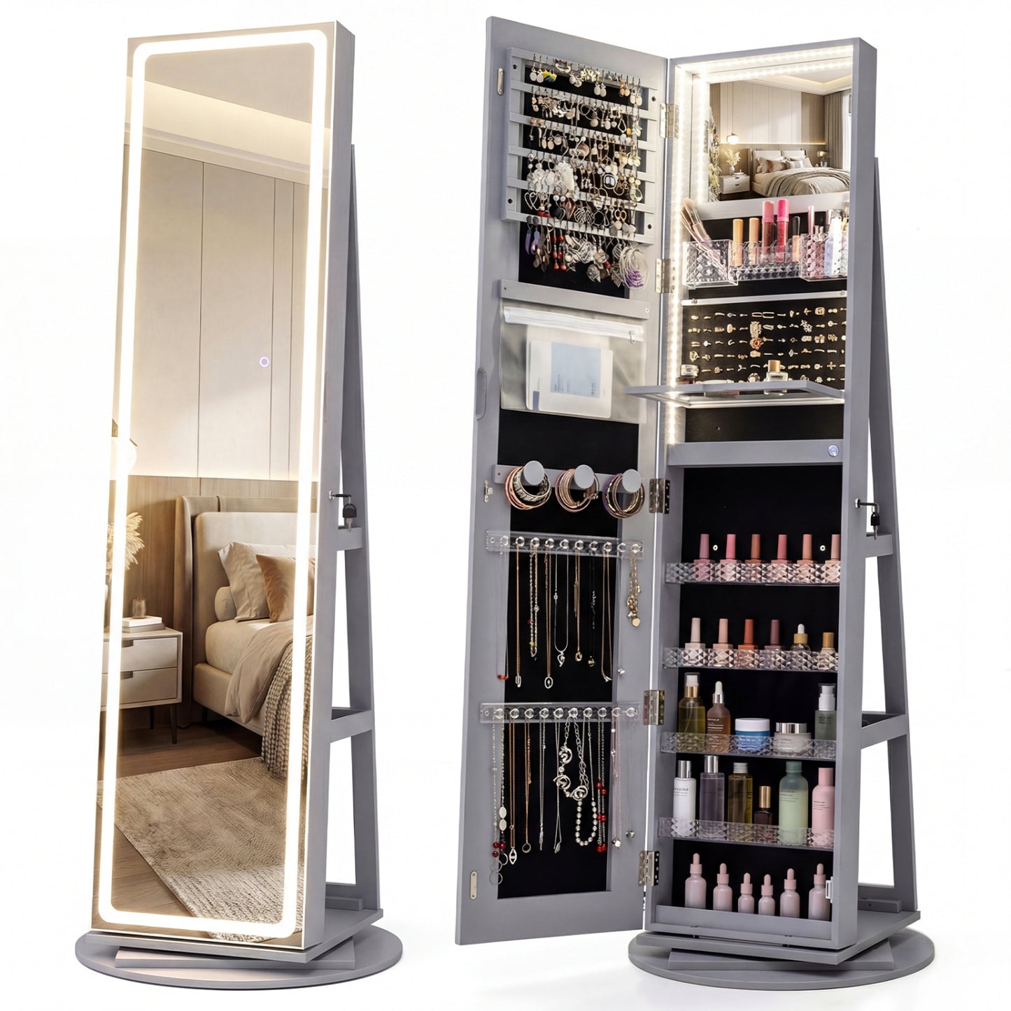 Standing Jewelry Cabinet with Adjustable LED Lights-Coffee - Gray
