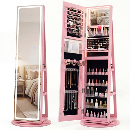 Standing Jewelry Cabinet with Adjustable LED Lights-Coffee - Pink