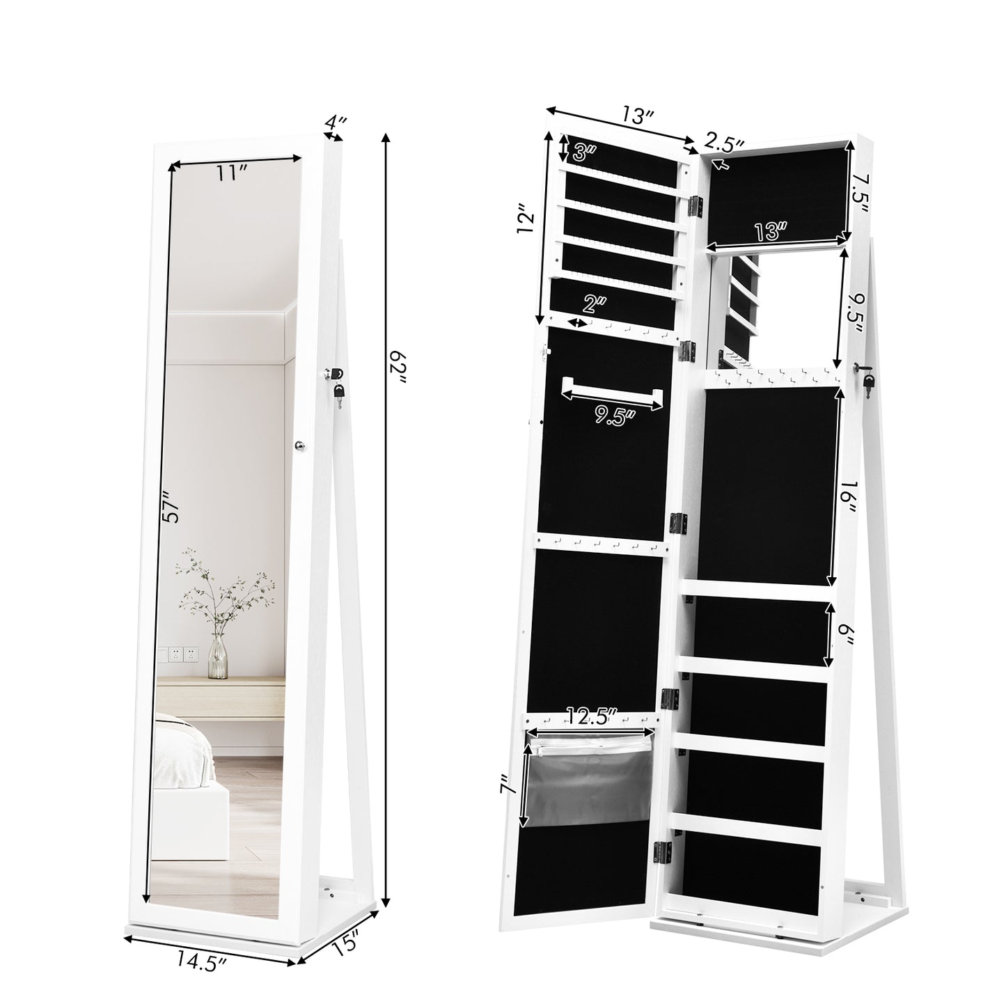 Standing Lockable Jewelry Storage Organizer with Full-Length Mirror-Brown - White