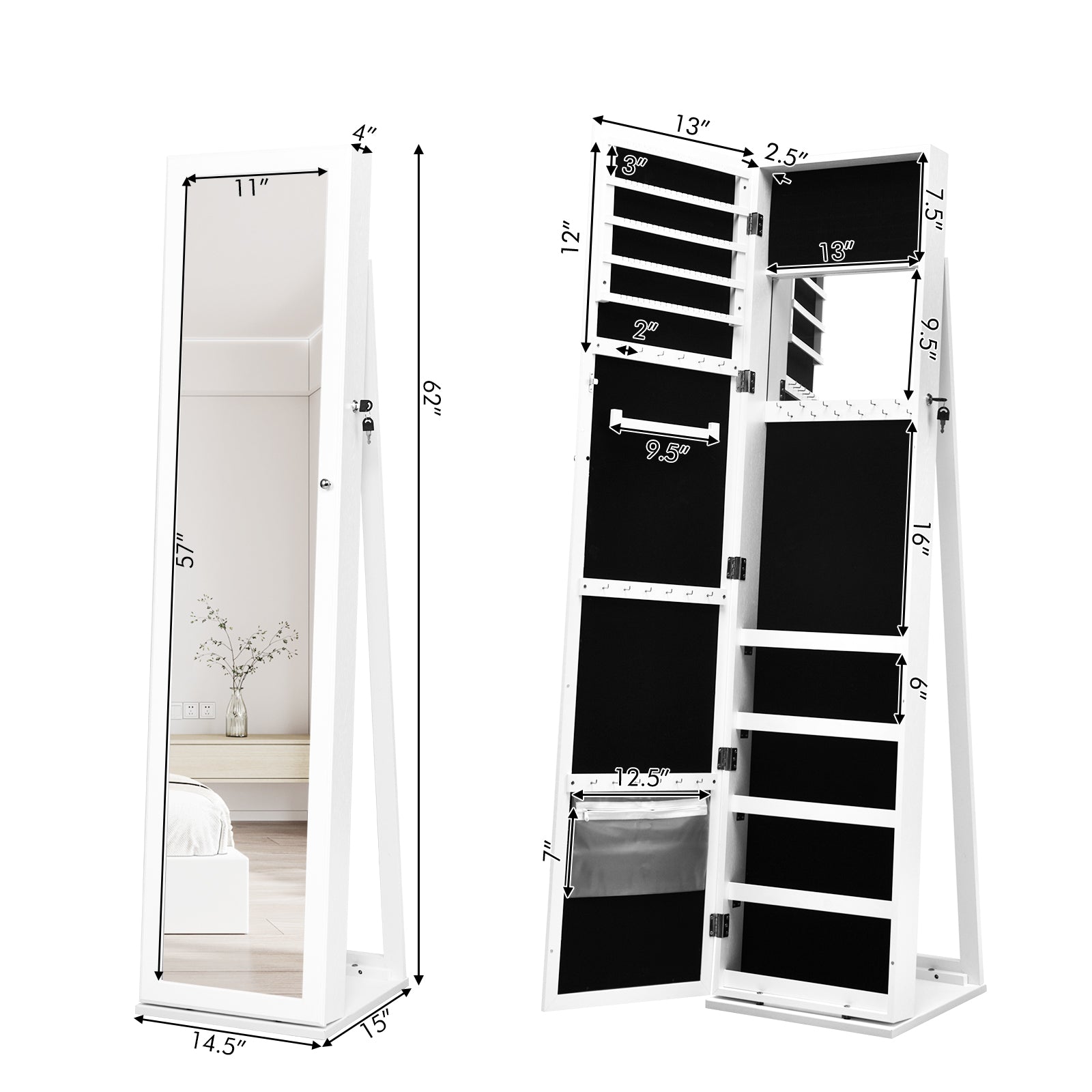 Standing Lockable Jewelry Storage Organizer with Full-Length Mirror-Brown - White