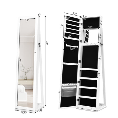 Standing Lockable Jewelry Storage Organizer with Full-Length Mirror-Brown - White