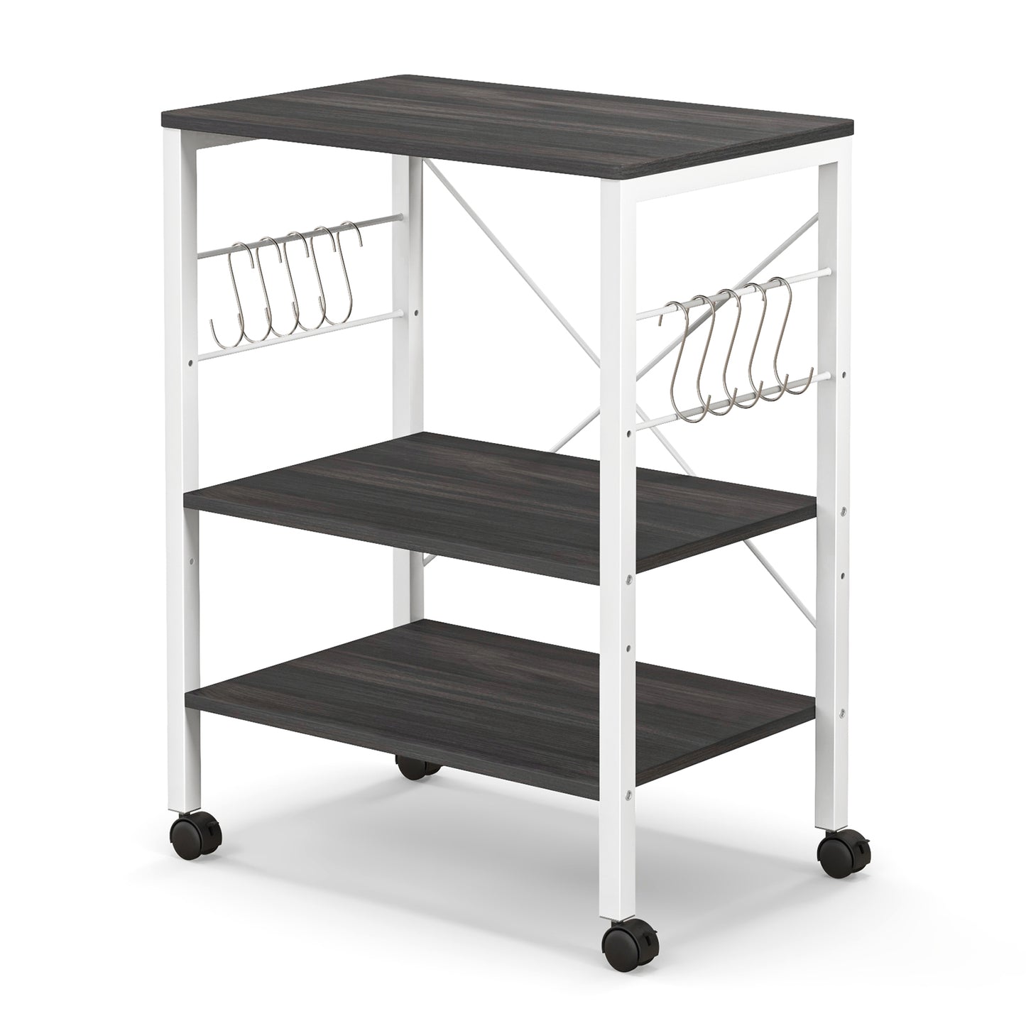3-Tier Kitchen Baker's Rack Microwave Oven Storage Cart with Hooks-Charcoal Brown - Deep Brown
