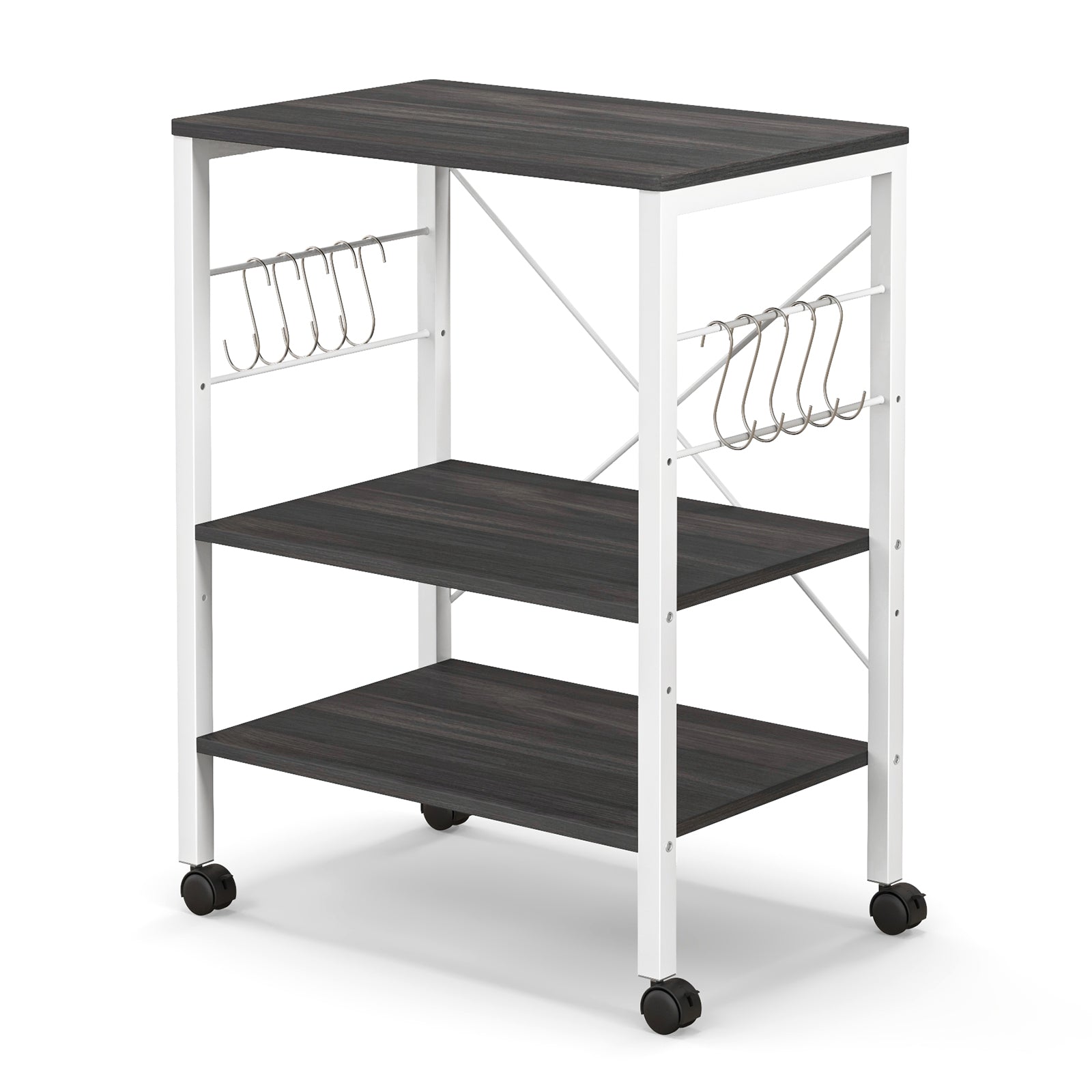 3-Tier Kitchen Baker's Rack Microwave Oven Storage Cart with Hooks-Charcoal Brown - Deep Brown