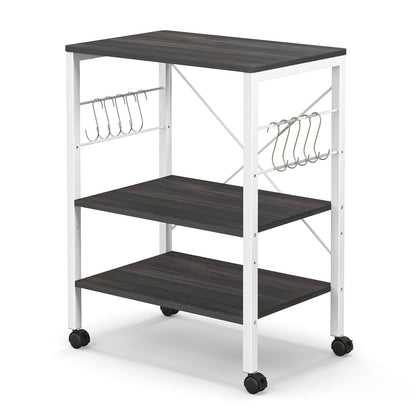 3-Tier Kitchen Baker's Rack Microwave Oven Storage Cart with Hooks-Charcoal Brown - Deep Brown