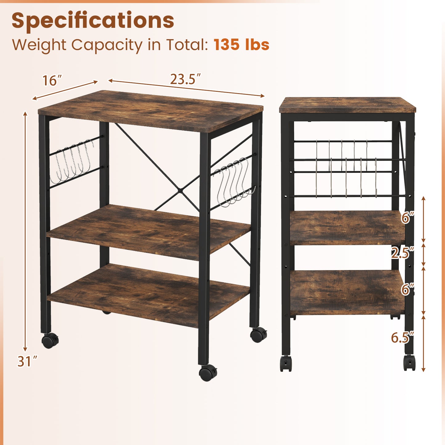 3-Tier Kitchen Baker's Rack Microwave Oven Storage Cart with Hooks