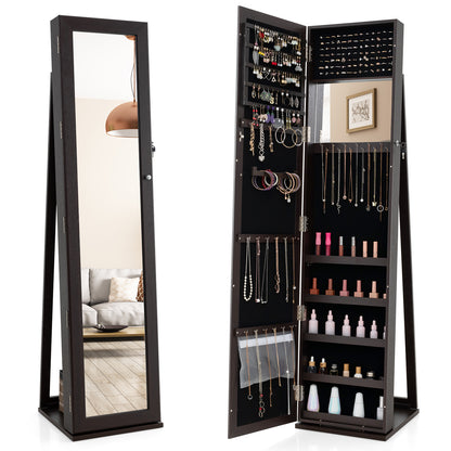 Standing Lockable Jewelry Storage Organizer with Full-Length Mirror-Brown - Coffee