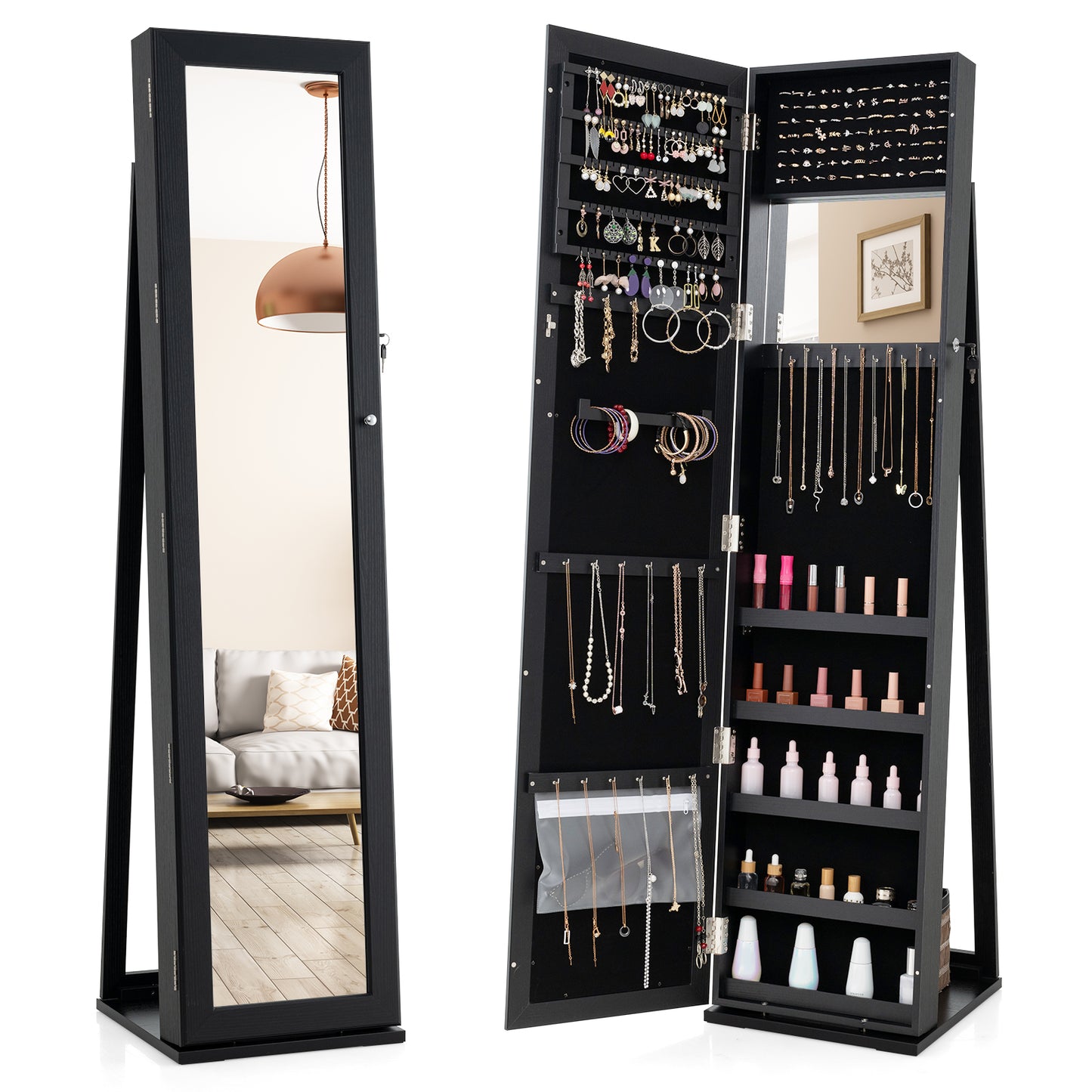 Standing Lockable Jewelry Storage Organizer with Full-Length Mirror-Brown - Black