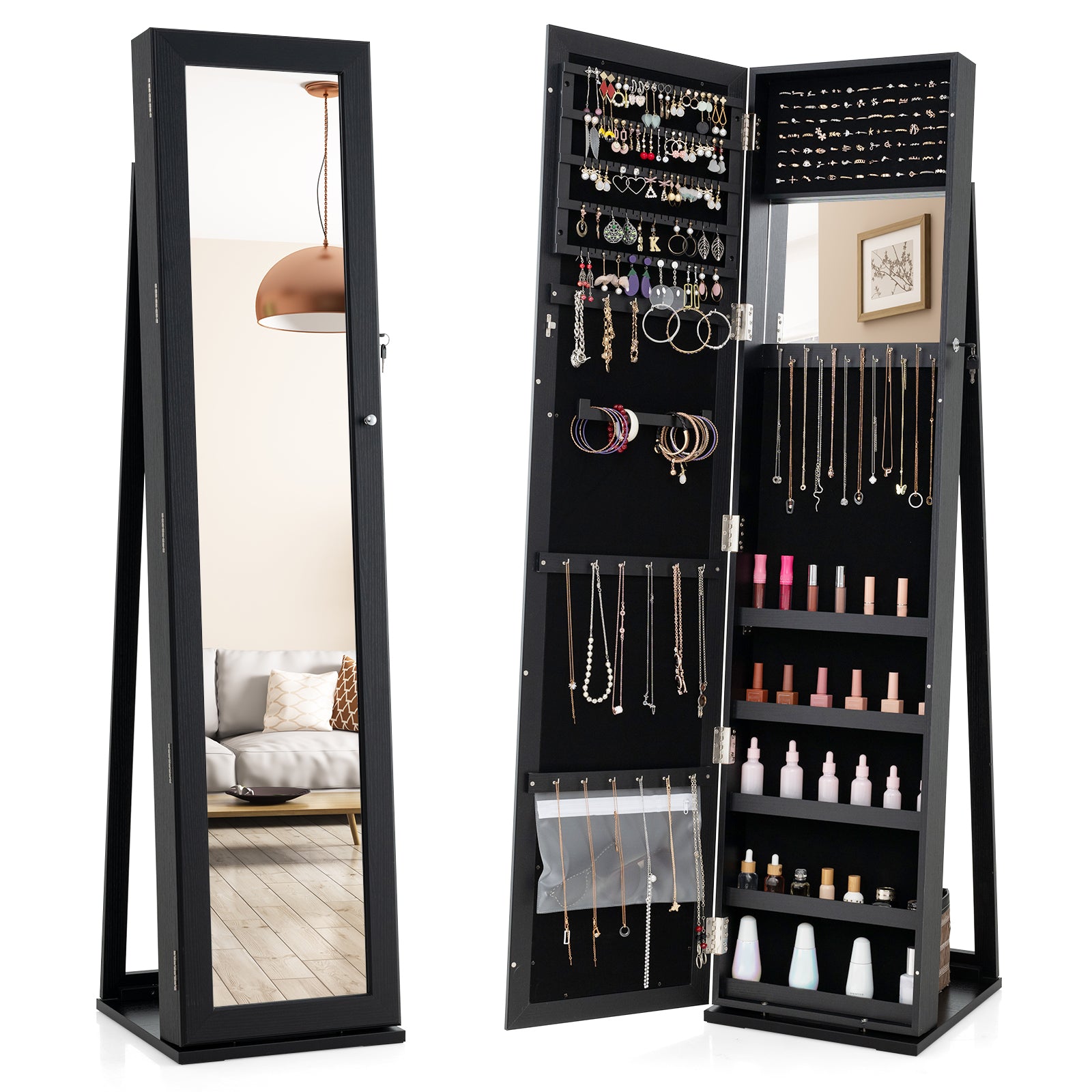 Standing Lockable Jewelry Storage Organizer with Full-Length Mirror-Brown - Black