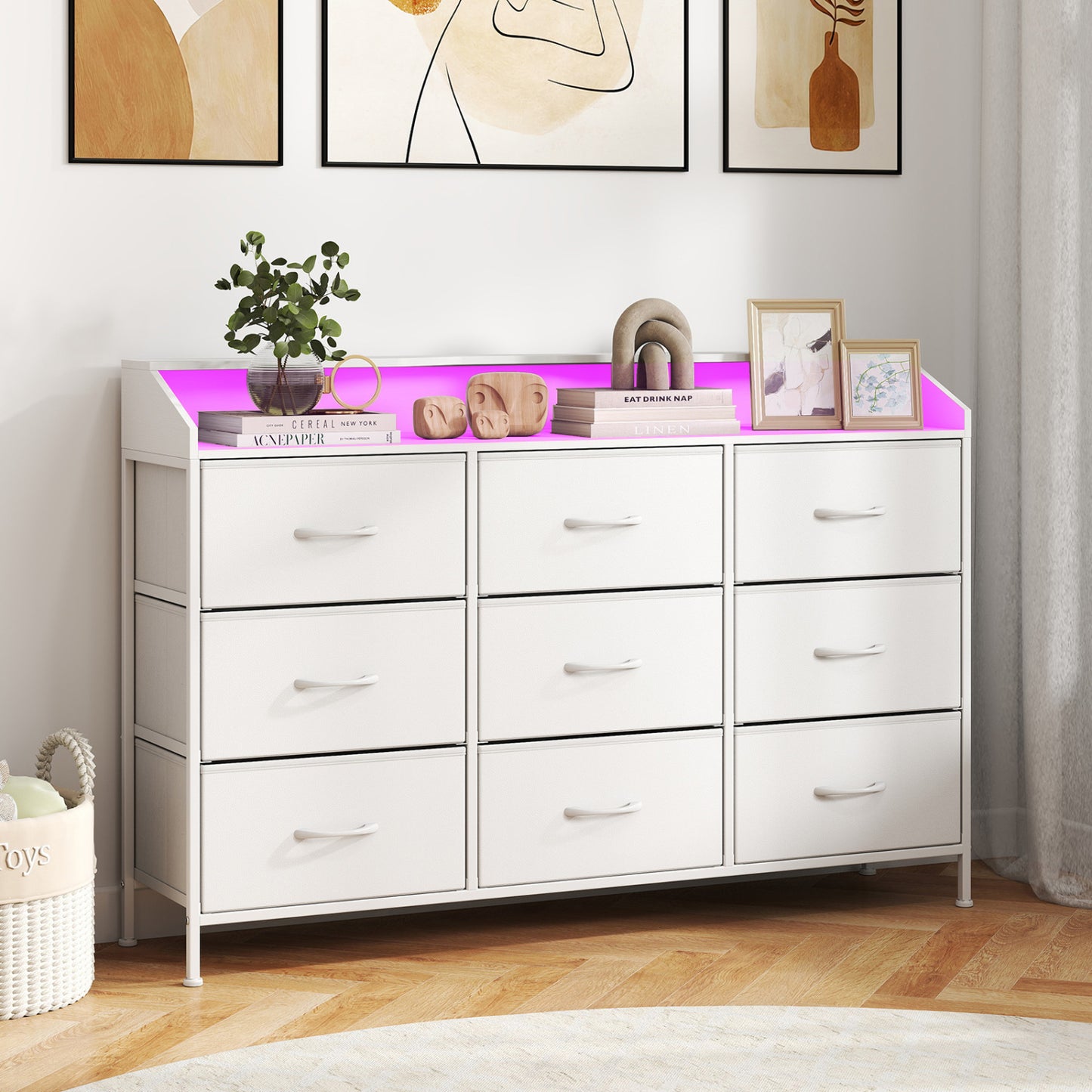 Storage Organizer with LED Lights and 9 Fabric Drawers for Bedroom