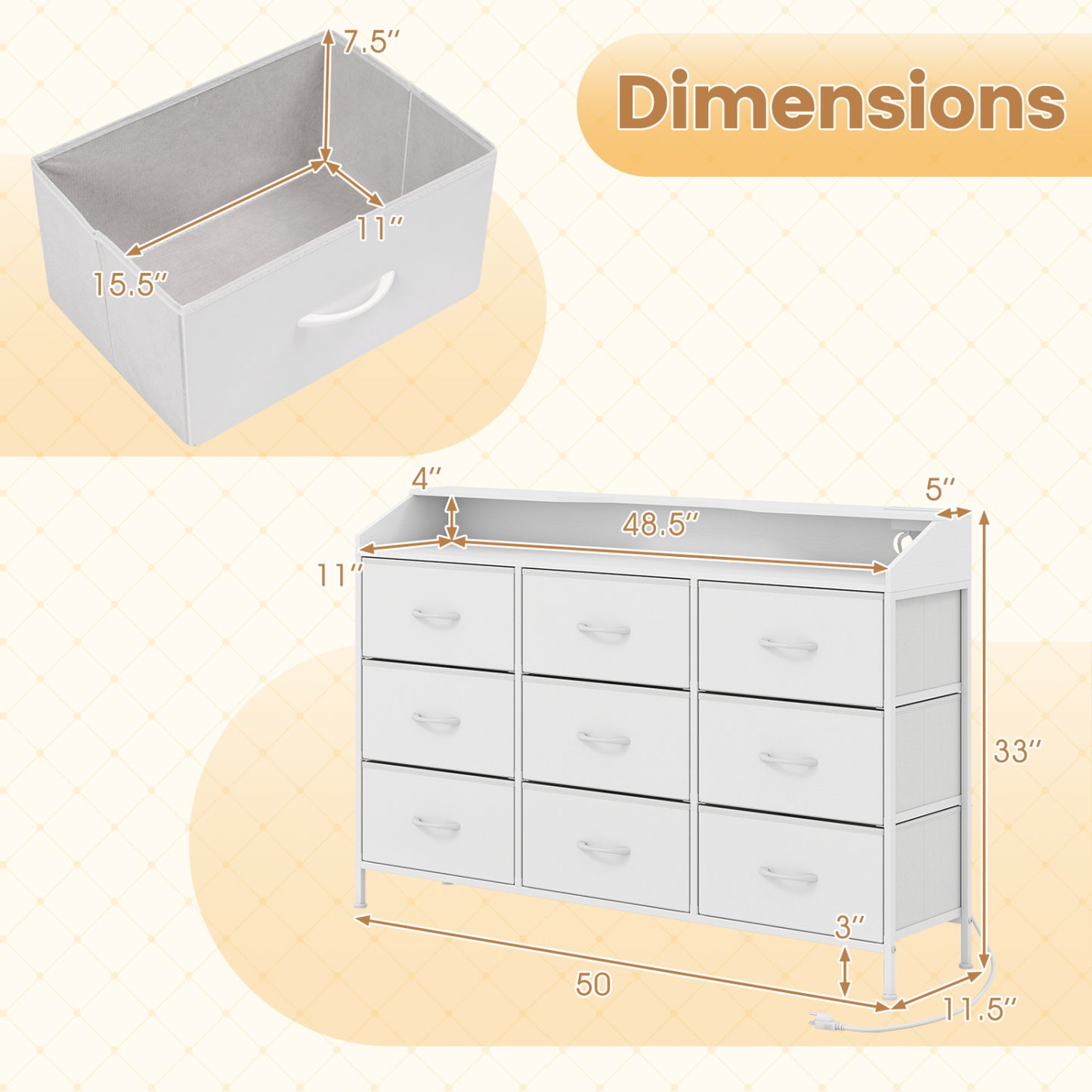 Storage Organizer with LED Lights and 9 Fabric Drawers for Bedroom