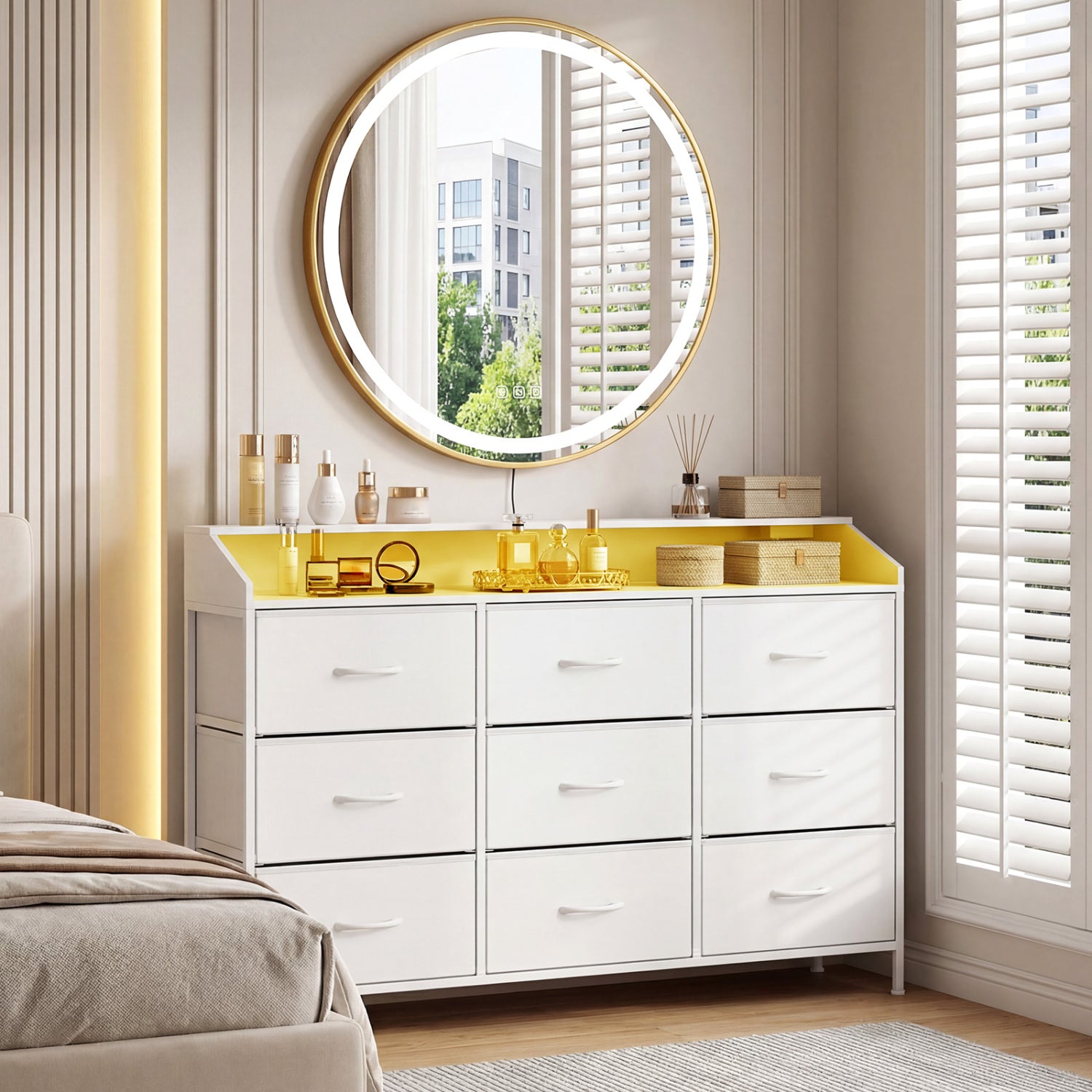 Storage Organizer with LED Lights and 9 Fabric Drawers for Bedroom