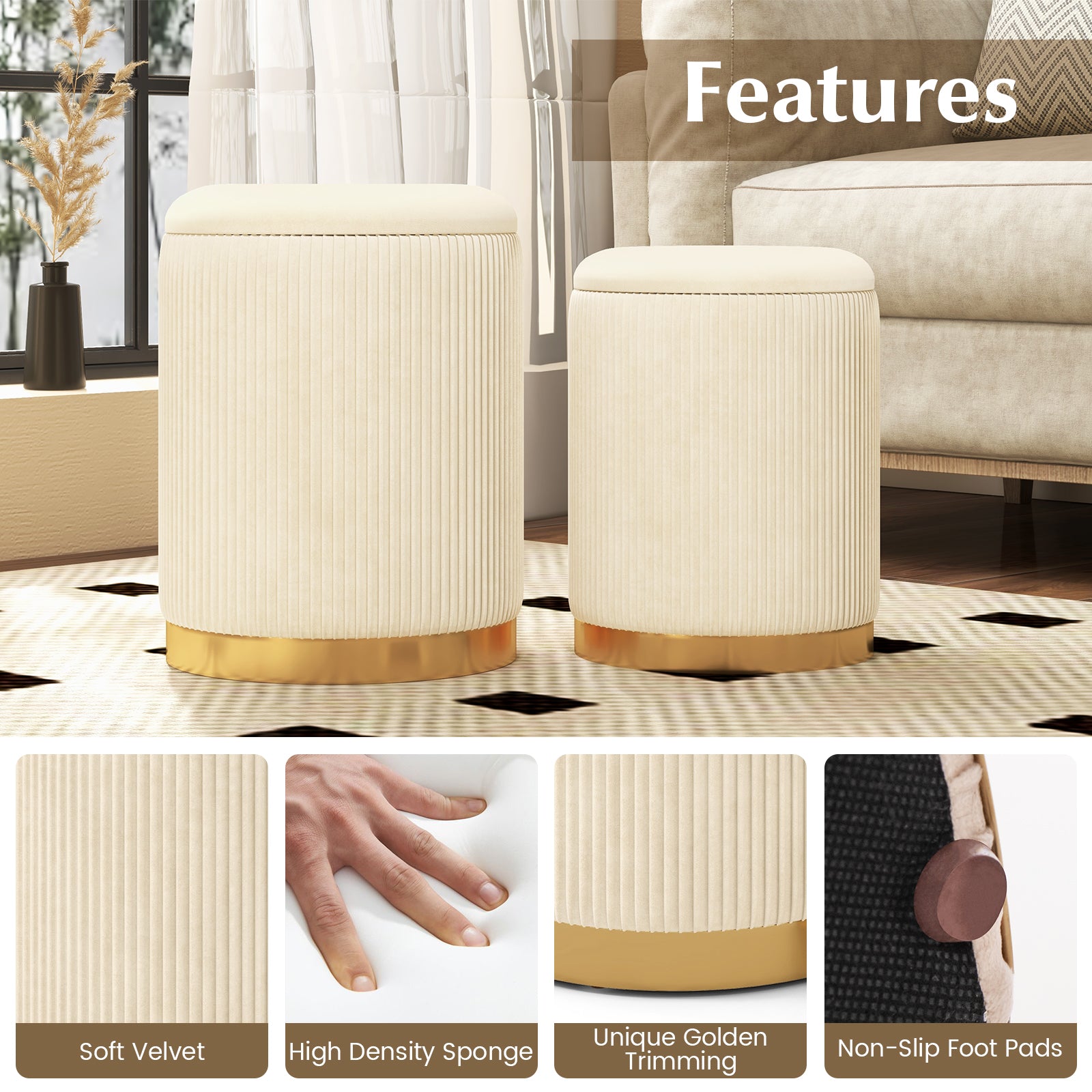 Velvet/Linen Fabric Storage Ottoman Set of 2-Golden