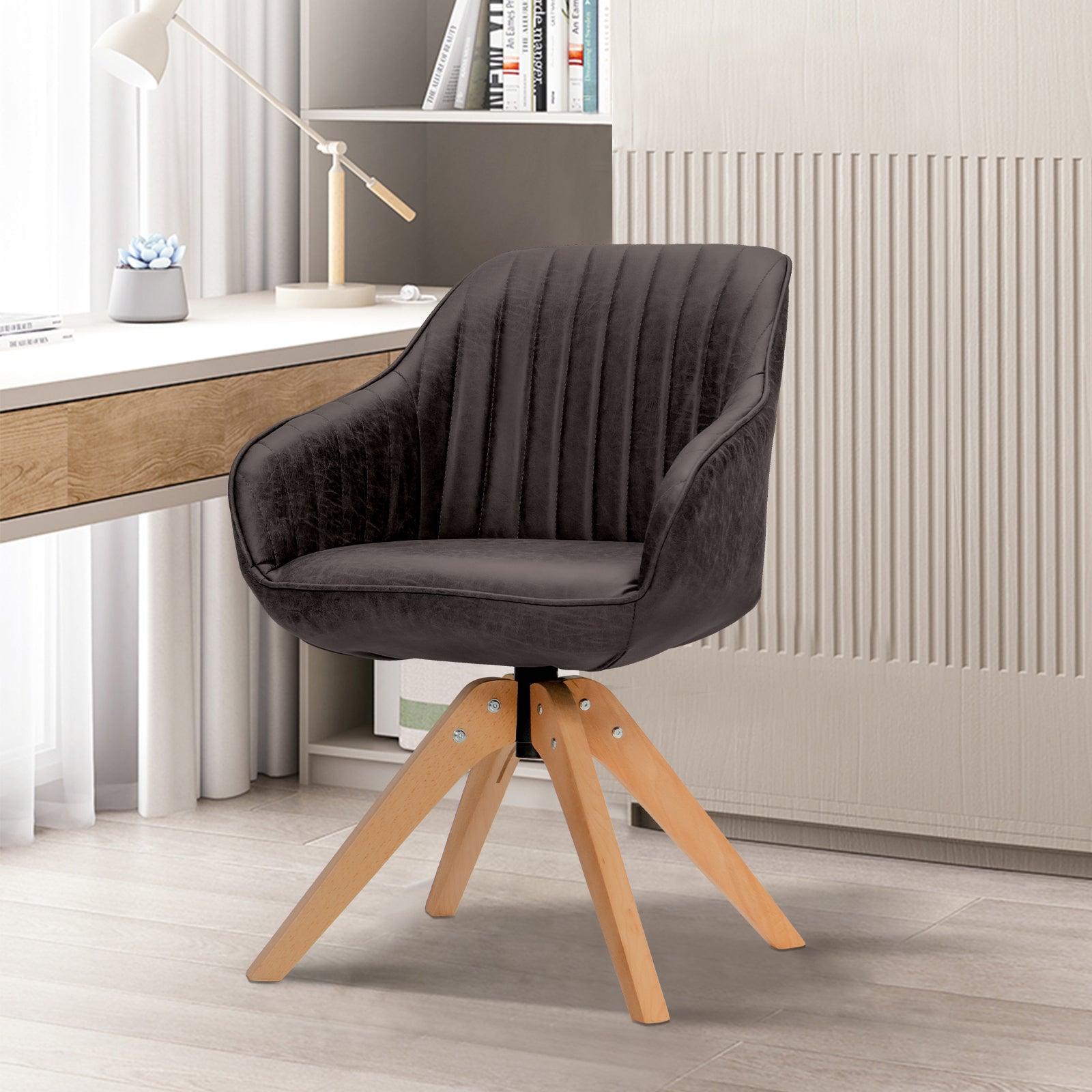 Mid-Century Swivel Accent Chair PU Leather Vanity Study Armchair-Dark Brown