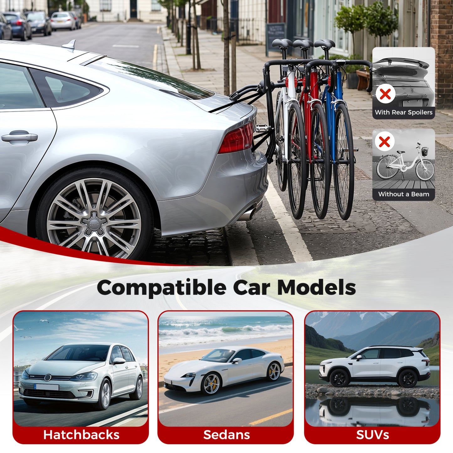 Trunk Mount 3-Bike Rack with Anti-Sway Straps for SUV