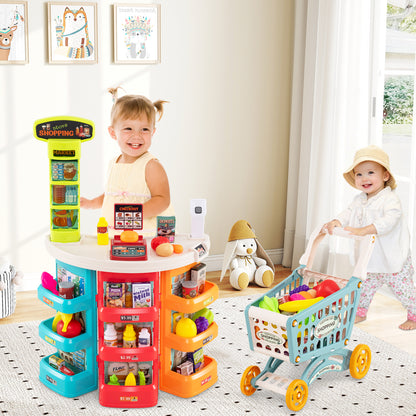 Supermarket Playset for Kids 76 PCS Pretend Play Grocery Store Set with Shopping Cart-Blue