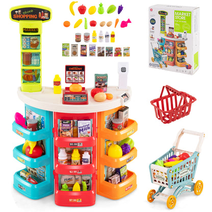 Supermarket Playset for Kids 76 PCS Pretend Play Grocery Store Set with Shopping Cart-Blue
