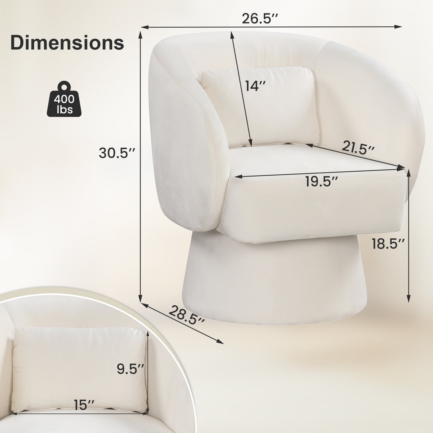 Swivel Accent Chair Upholstered Barrel Chair with Curved Back and Removable Lumbar Pillow-Beige