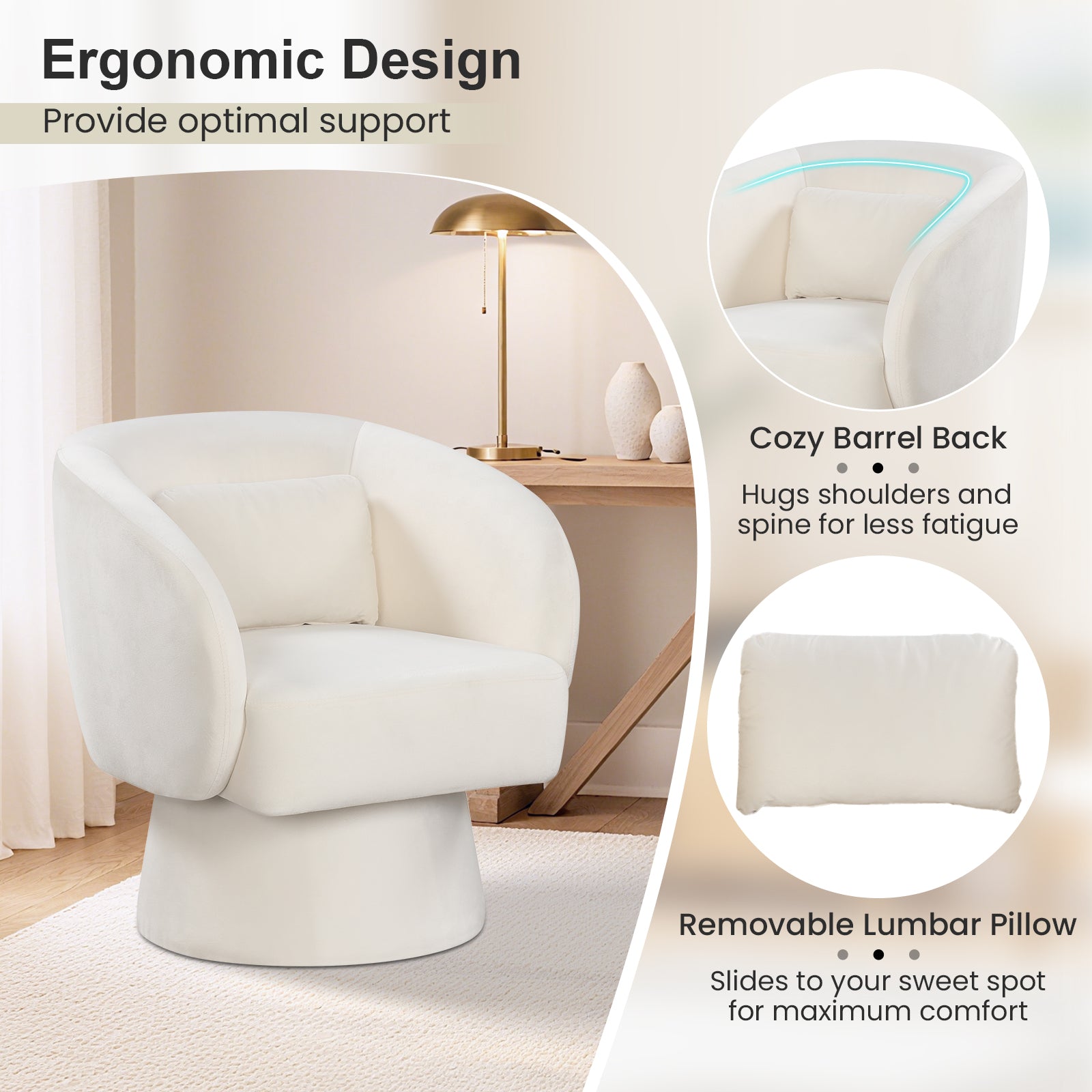 Swivel Accent Chair Upholstered Barrel Chair with Curved Back and Removable Lumbar Pillow-Beige