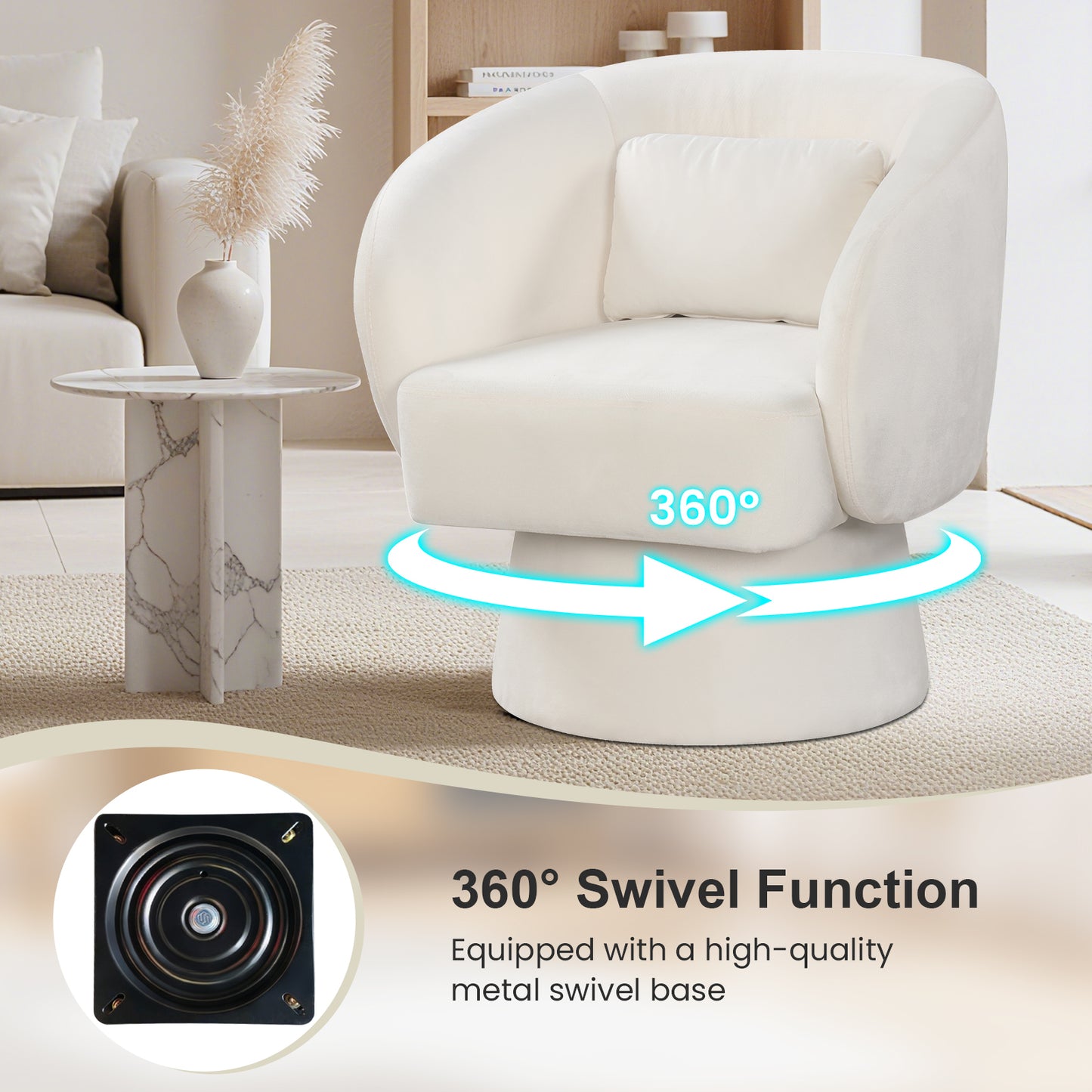 Swivel Accent Chair Upholstered Barrel Chair with Curved Back and Removable Lumbar Pillow-Beige