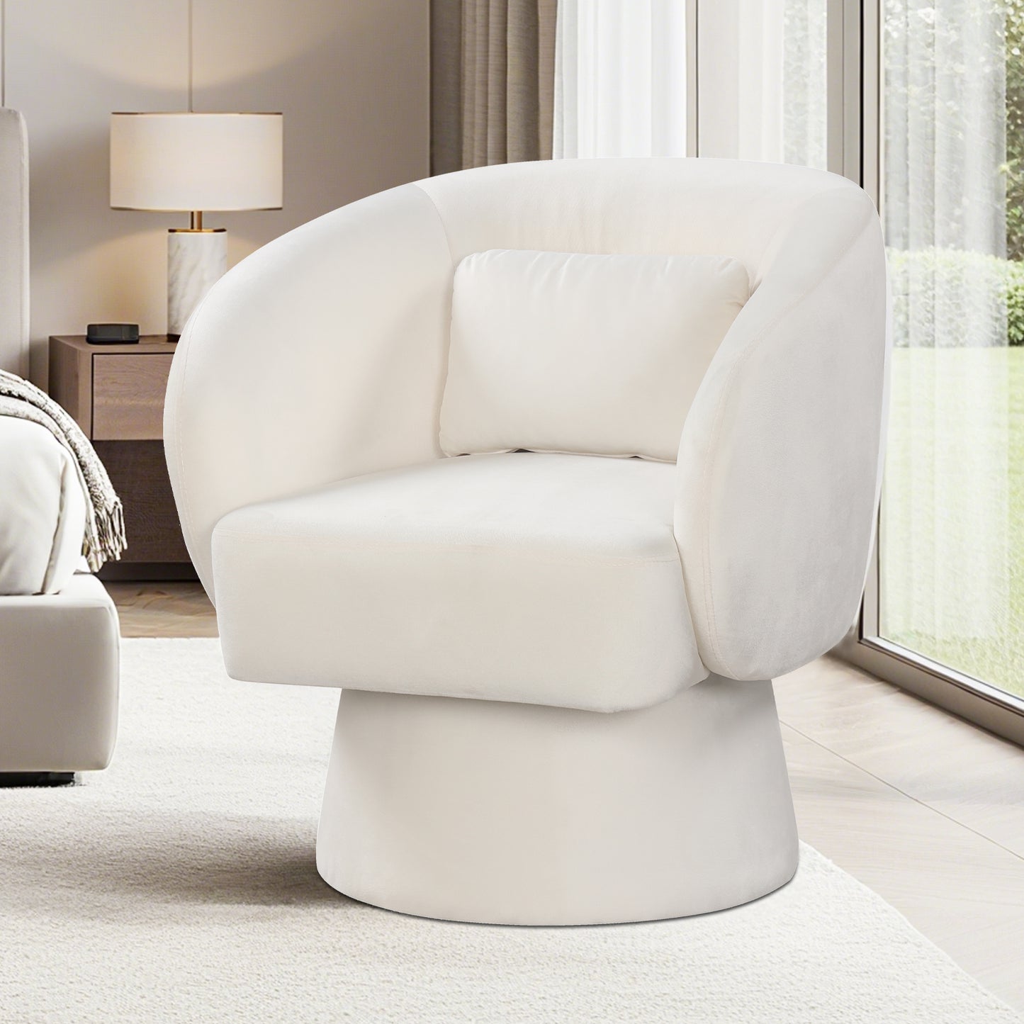 Swivel Accent Chair Upholstered Barrel Chair with Curved Back and Removable Lumbar Pillow-Beige