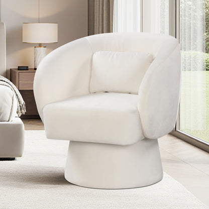 Swivel Accent Chair Upholstered Barrel Chair with Curved Back and Removable Lumbar Pillow-Beige