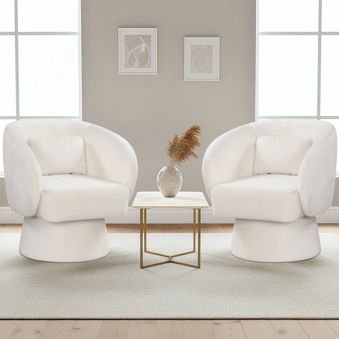 Swivel Accent Chair Upholstered Barrel Chair with Curved Back and Removable Lumbar Pillow-Beige