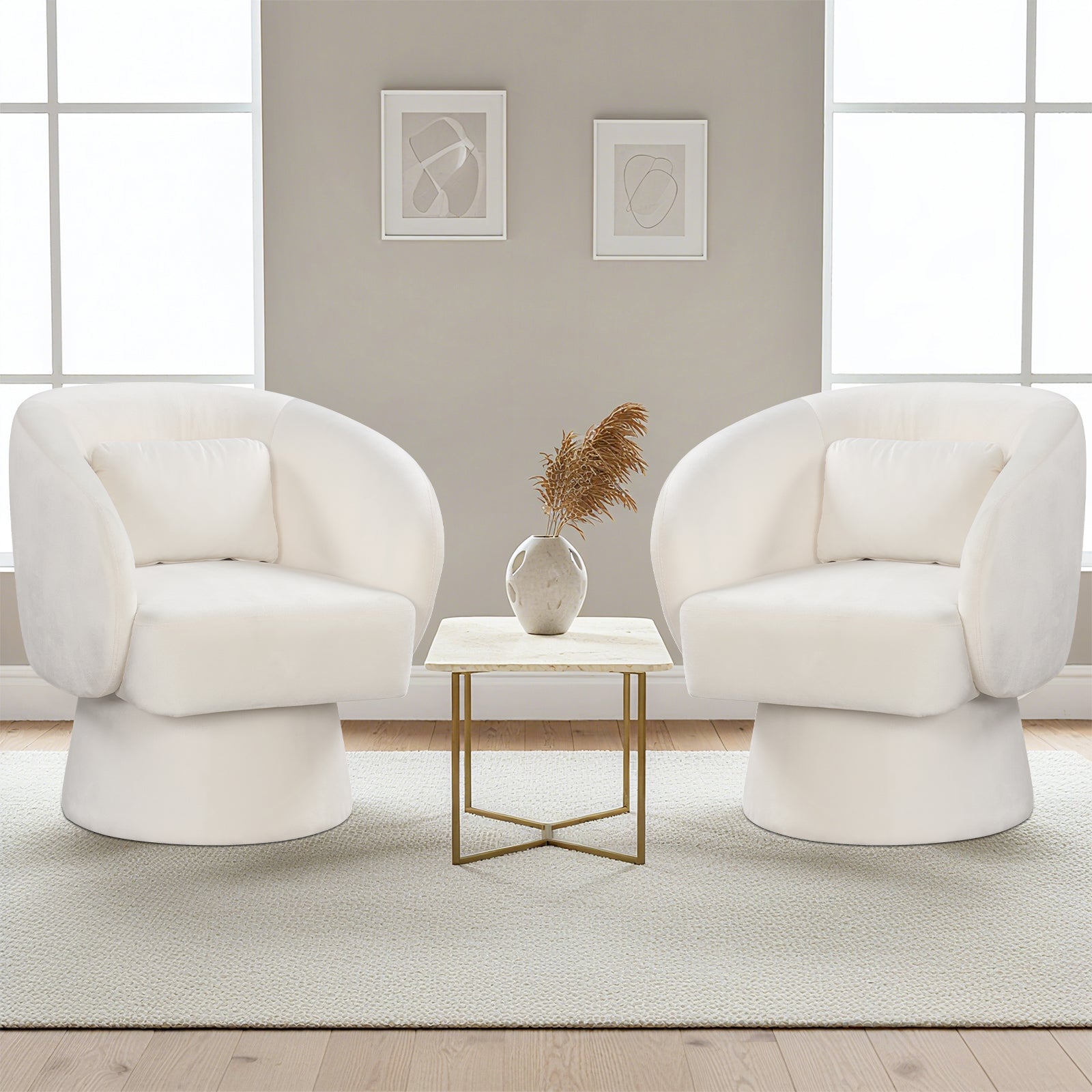 Swivel Accent Chair Upholstered Barrel Chair with Curved Back and Removable Lumbar Pillow-Beige