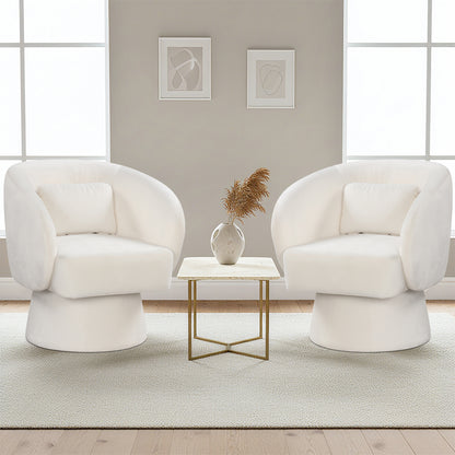 Swivel Accent Chair Upholstered Barrel Chair with Curved Back and Removable Lumbar Pillow-Beige