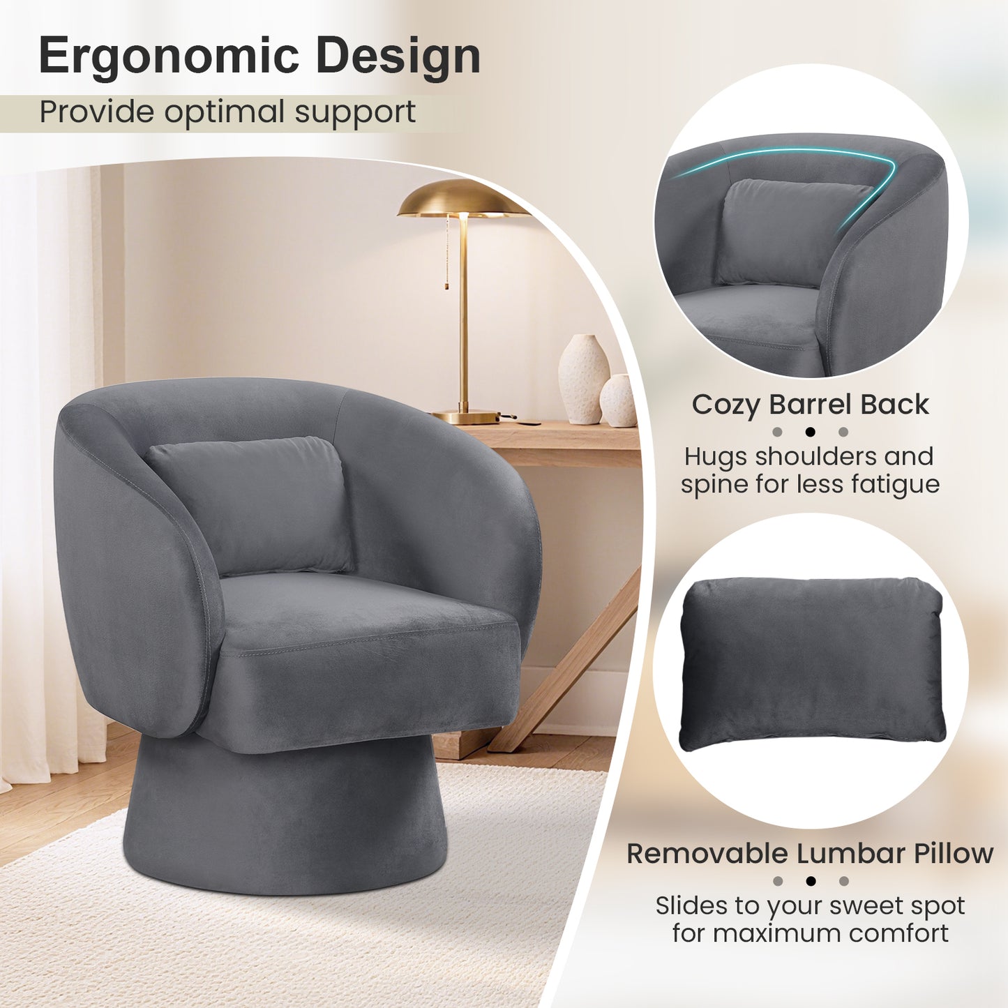 Swivel Accent Chair Upholstered Barrel Chair with Curved Back and Removable Lumbar Pillow-Gray