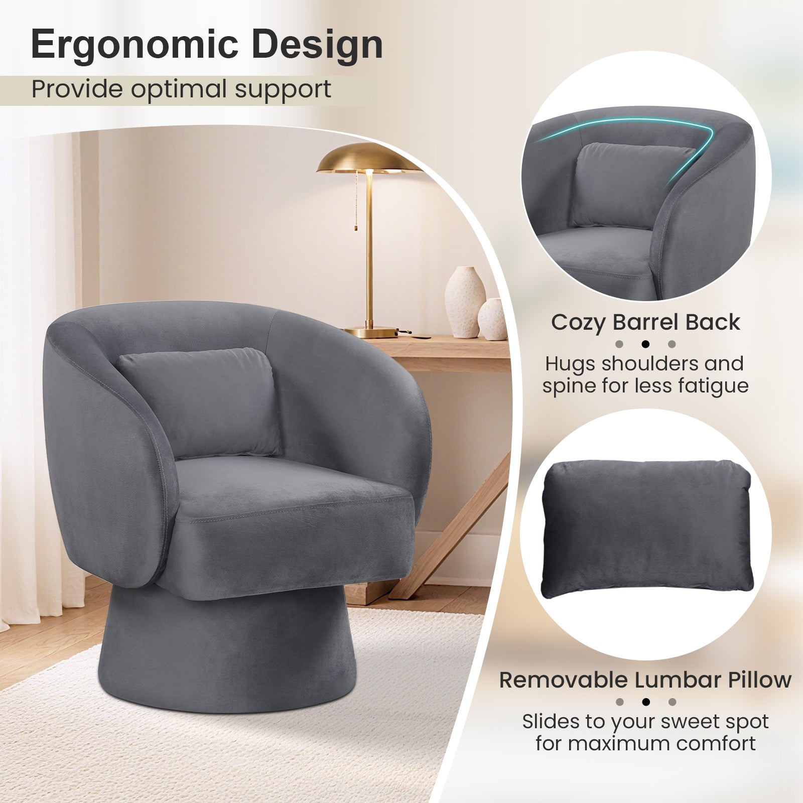 Swivel Accent Chair Upholstered Barrel Chair with Curved Back and Removable Lumbar Pillow-Gray