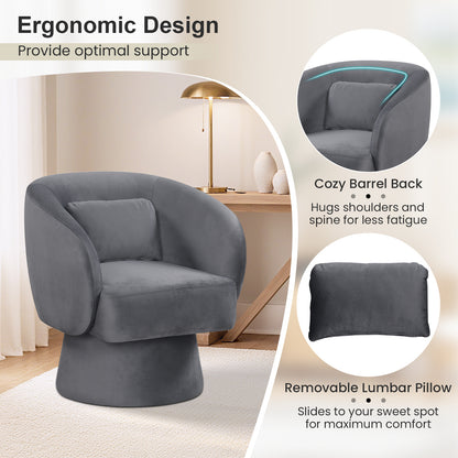 Swivel Accent Chair Upholstered Barrel Chair with Curved Back and Removable Lumbar Pillow-Gray