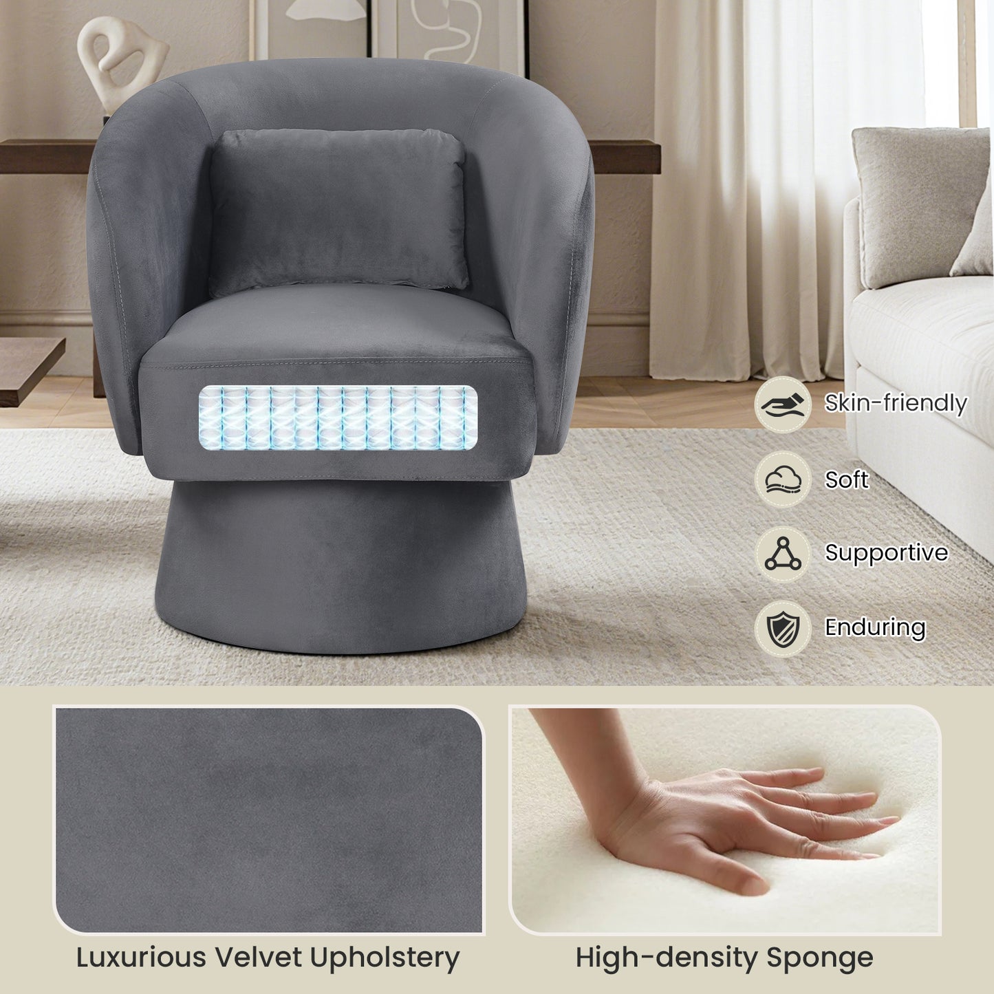 Swivel Accent Chair Upholstered Barrel Chair with Curved Back and Removable Lumbar Pillow-Gray