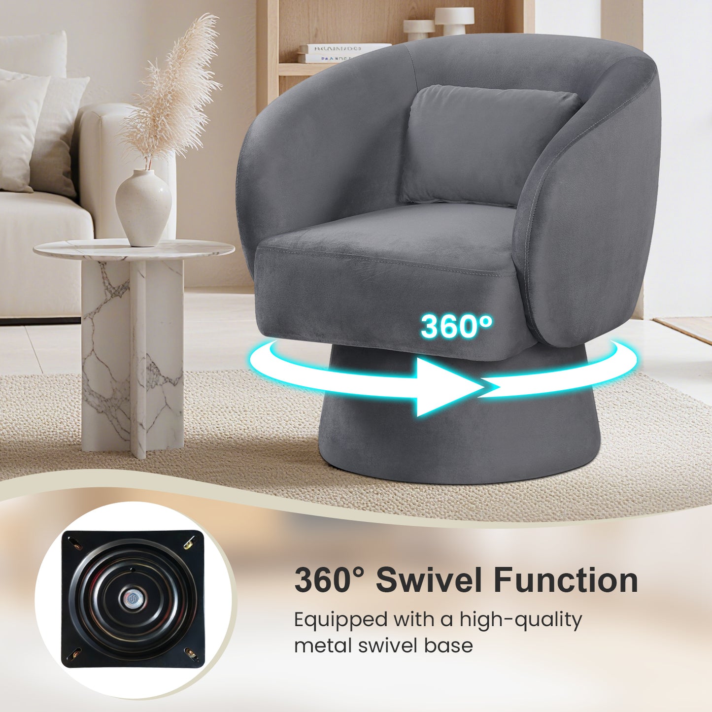 Swivel Accent Chair Upholstered Barrel Chair with Curved Back and Removable Lumbar Pillow-Gray