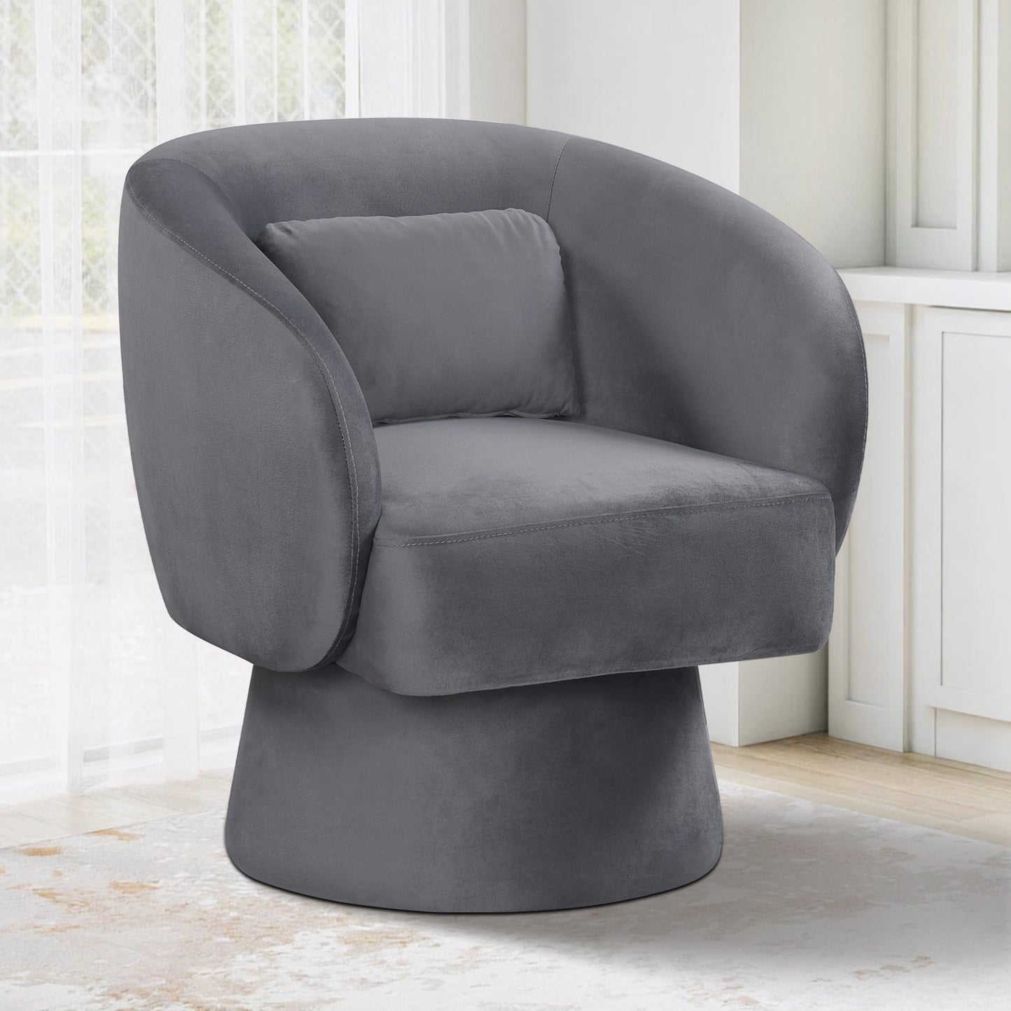 Swivel Accent Chair Upholstered Barrel Chair with Curved Back and Removable Lumbar Pillow-Gray