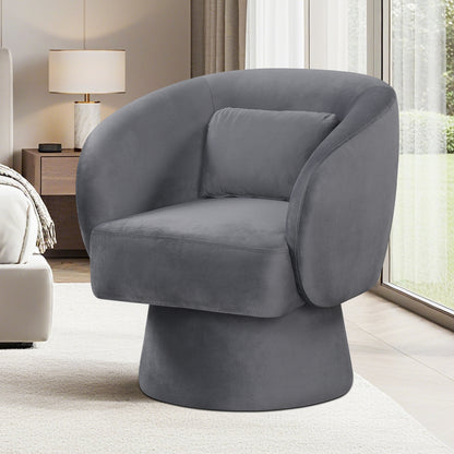 Swivel Accent Chair Upholstered Barrel Chair with Curved Back and Removable Lumbar Pillow-Gray