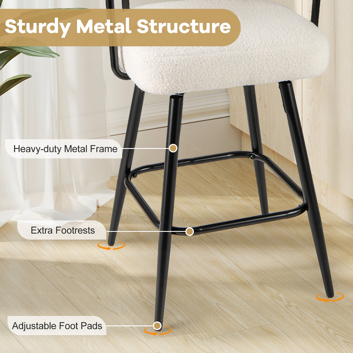 Swivel Bar Stool Set of 2 Counter Height Chairs with Curved Back and Arms-White