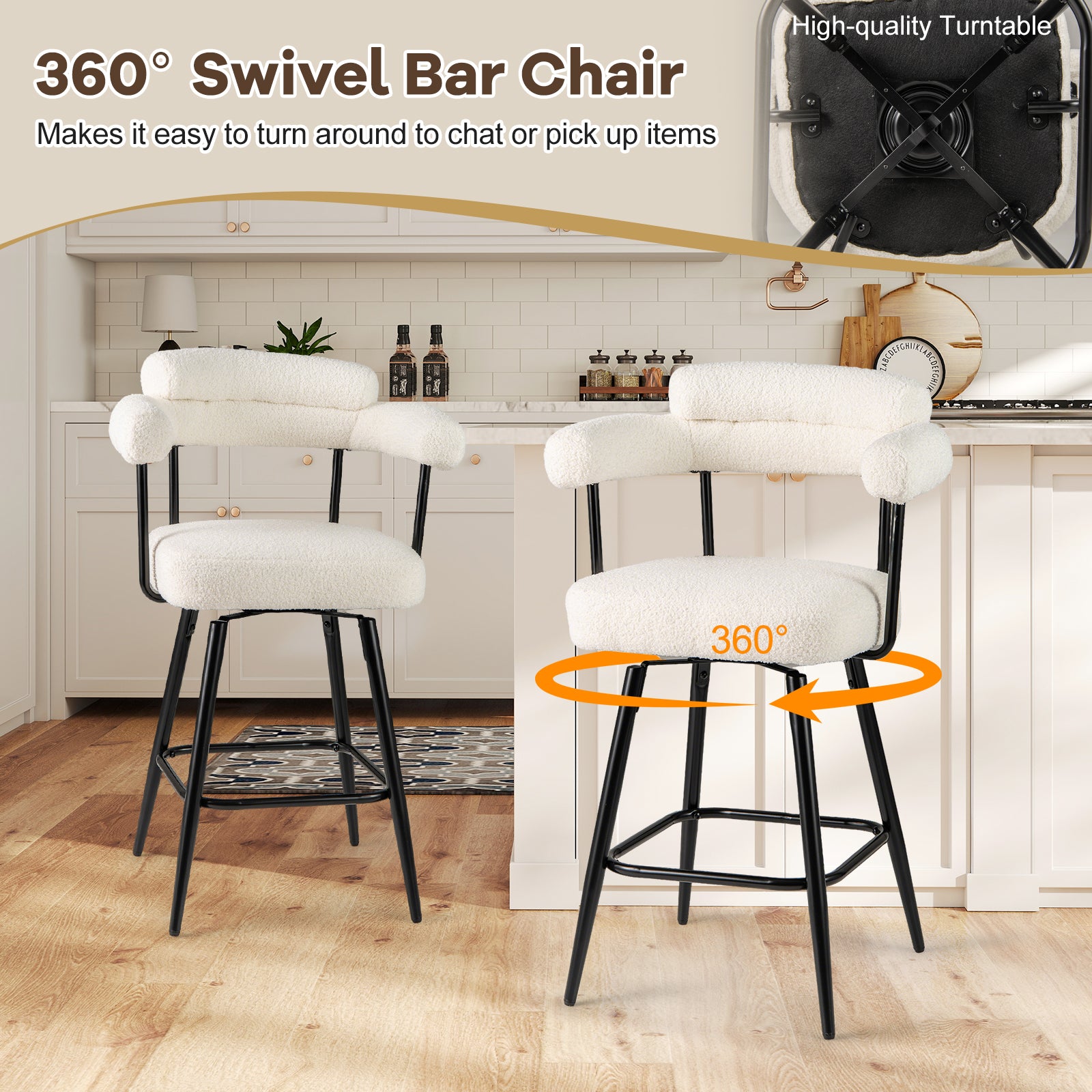 Swivel Bar Stool Set of 2 Counter Height Chairs with Curved Back and Arms-White