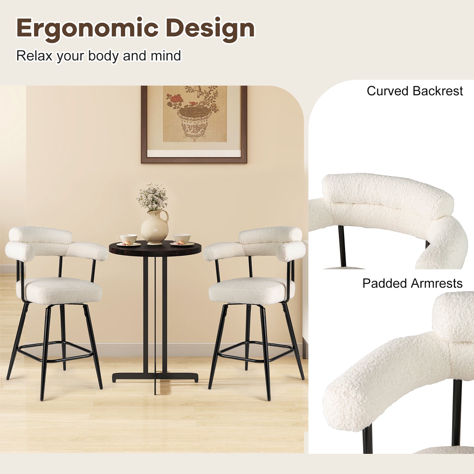 Swivel Bar Stool Set of 2 Counter Height Chairs with Curved Back and Arms-White