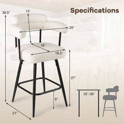 Swivel Bar Stool Set of 2 Counter Height Chairs with Curved Back and Arms-White