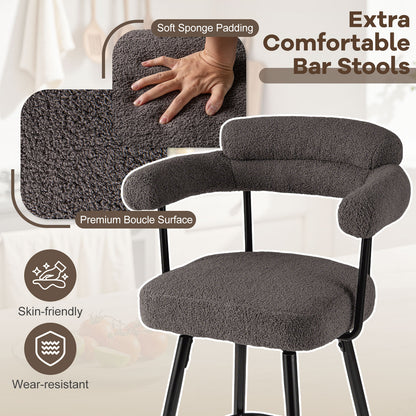 Swivel Bar Stool Set of 2 Counter Height Chairs with Curved Back and Arms-Grey