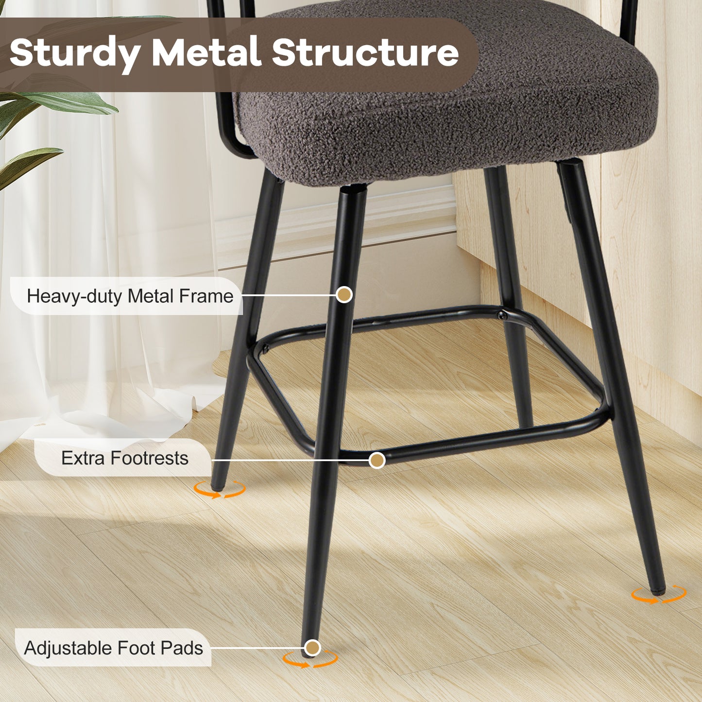 Swivel Bar Stool Set of 2 Counter Height Chairs with Curved Back and Arms-Grey